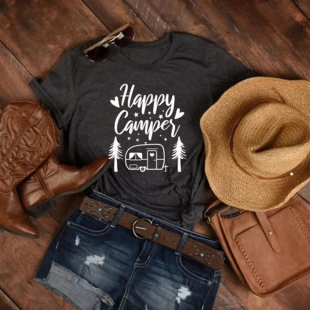 Happy Camper 🌲 Camping Hiking Outdoors Soft Graphic Tee Shirt